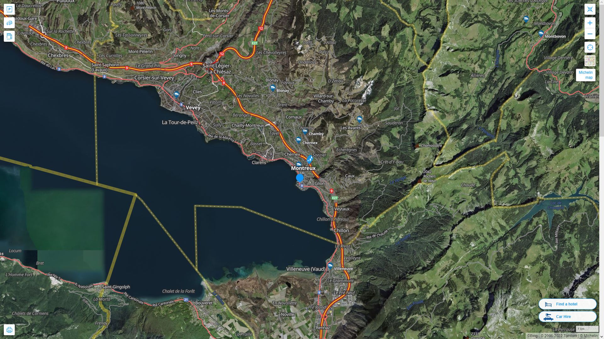 Montreux Suisse Autoroute et carte routiere avec vue satellite